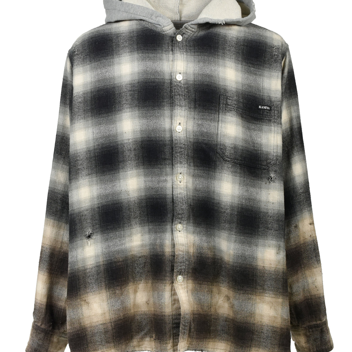 KAMIYA カミヤ SS26 DISTRESSED HOODED CHECKED SHIRT / BLK - NUBIAN