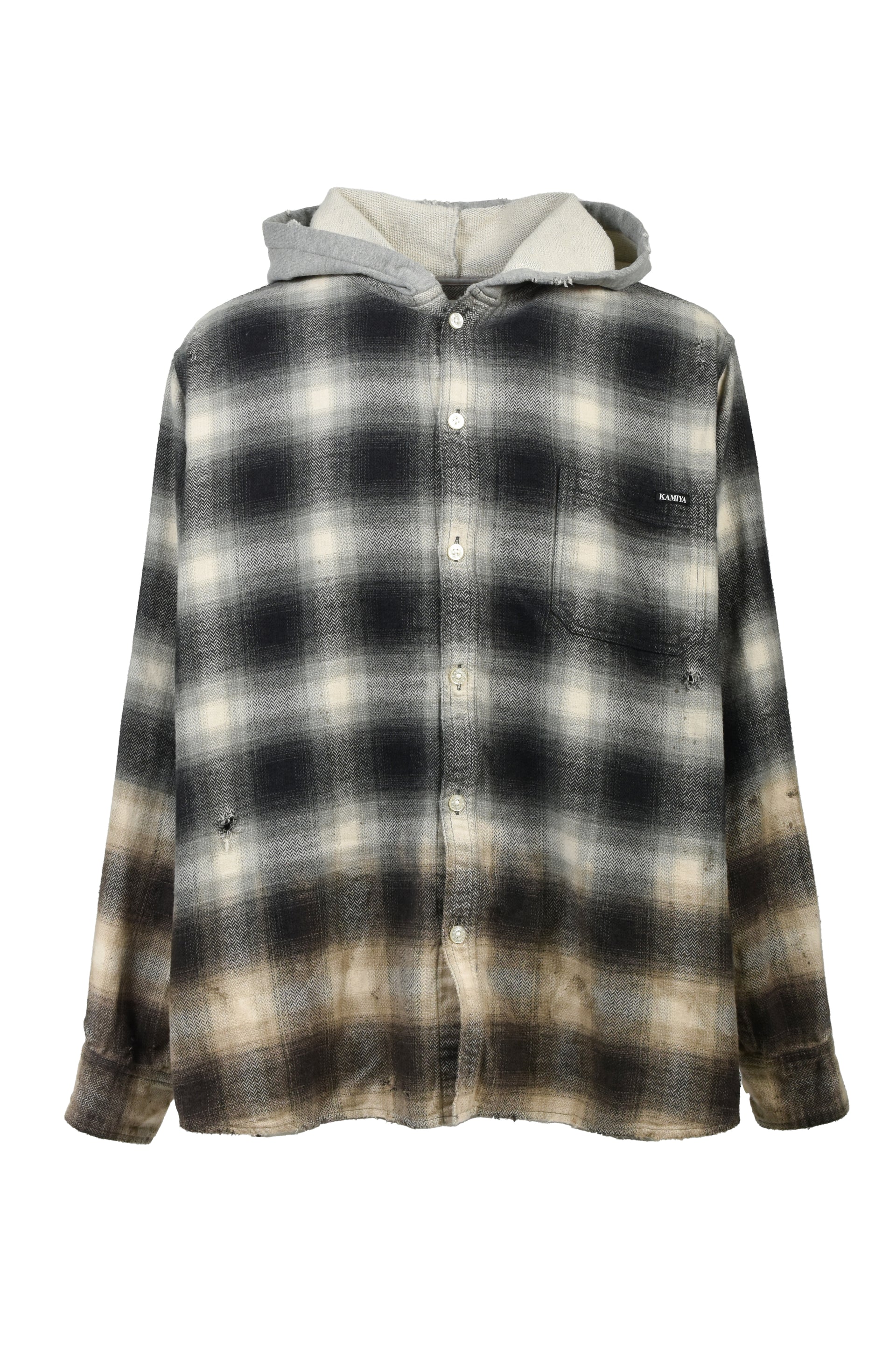 DISTRESSED HOODED CHECKED SHIRT / BLK