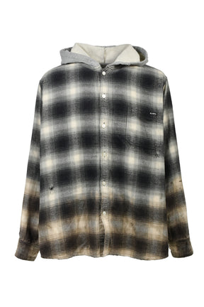 DISTRESSED HOODED CHECKED SHIRT / BLK