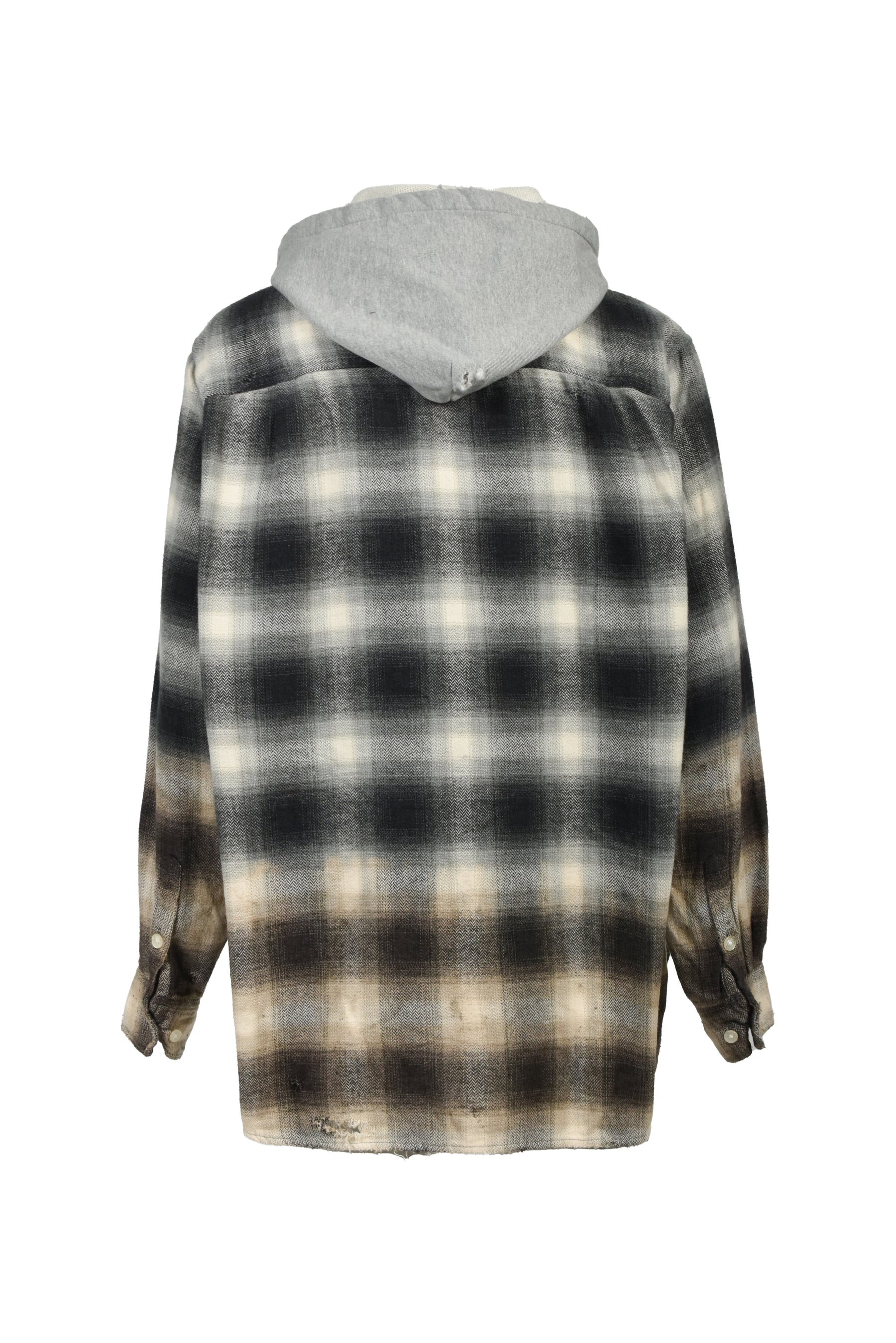 DISTRESSED HOODED CHECKED SHIRT / BLK