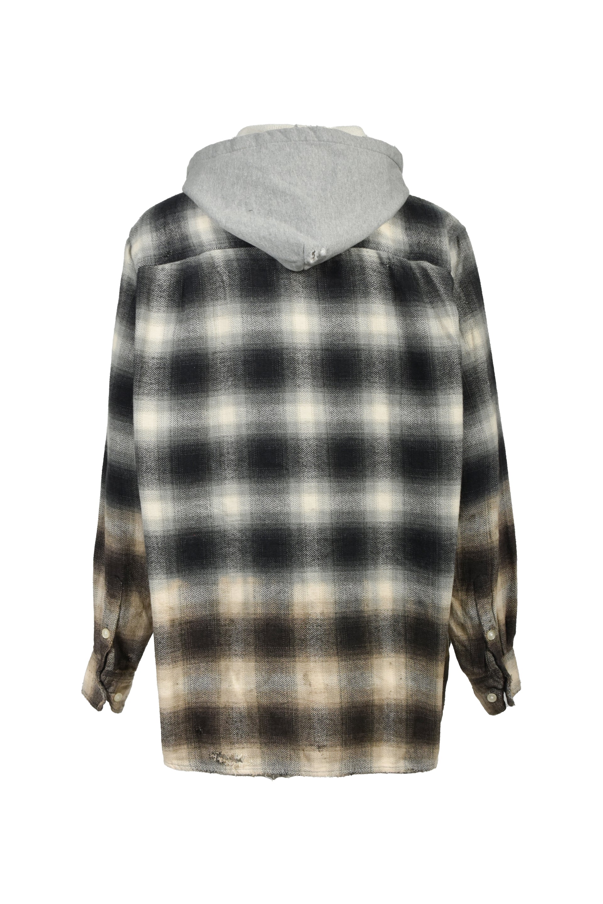 DISTRESSED HOODED CHECKED SHIRT / BLK