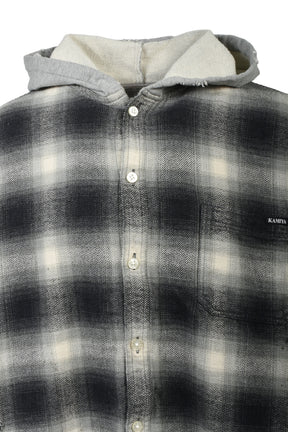 DISTRESSED HOODED CHECKED SHIRT / BLK