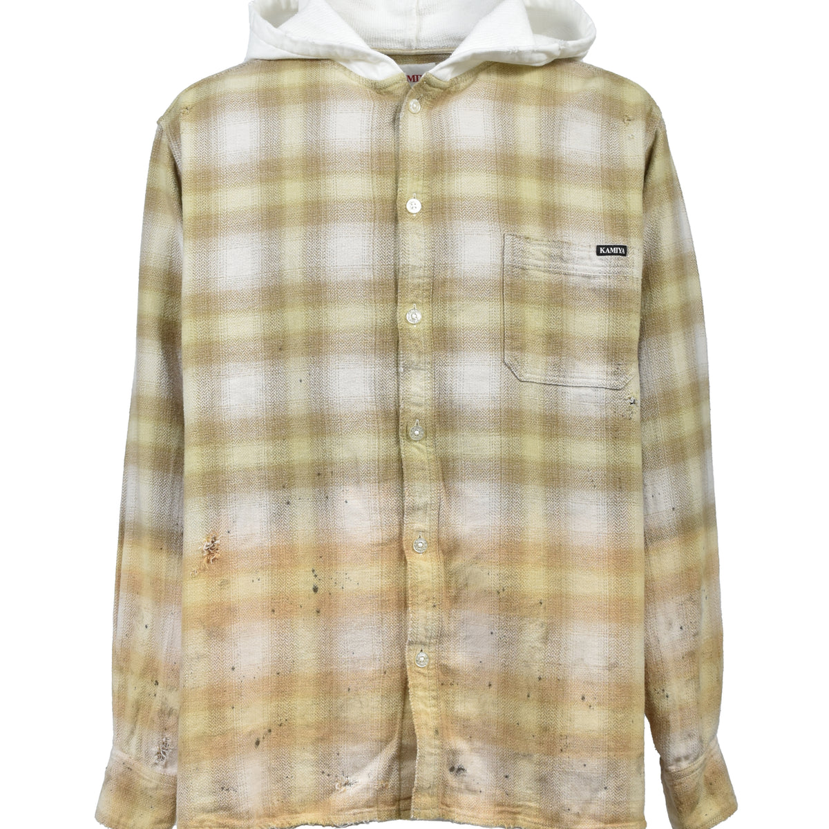 KAMIYA カミヤ SS26 DISTRESSED HOODED CHECKED SHIRT / YEL - NUBIAN