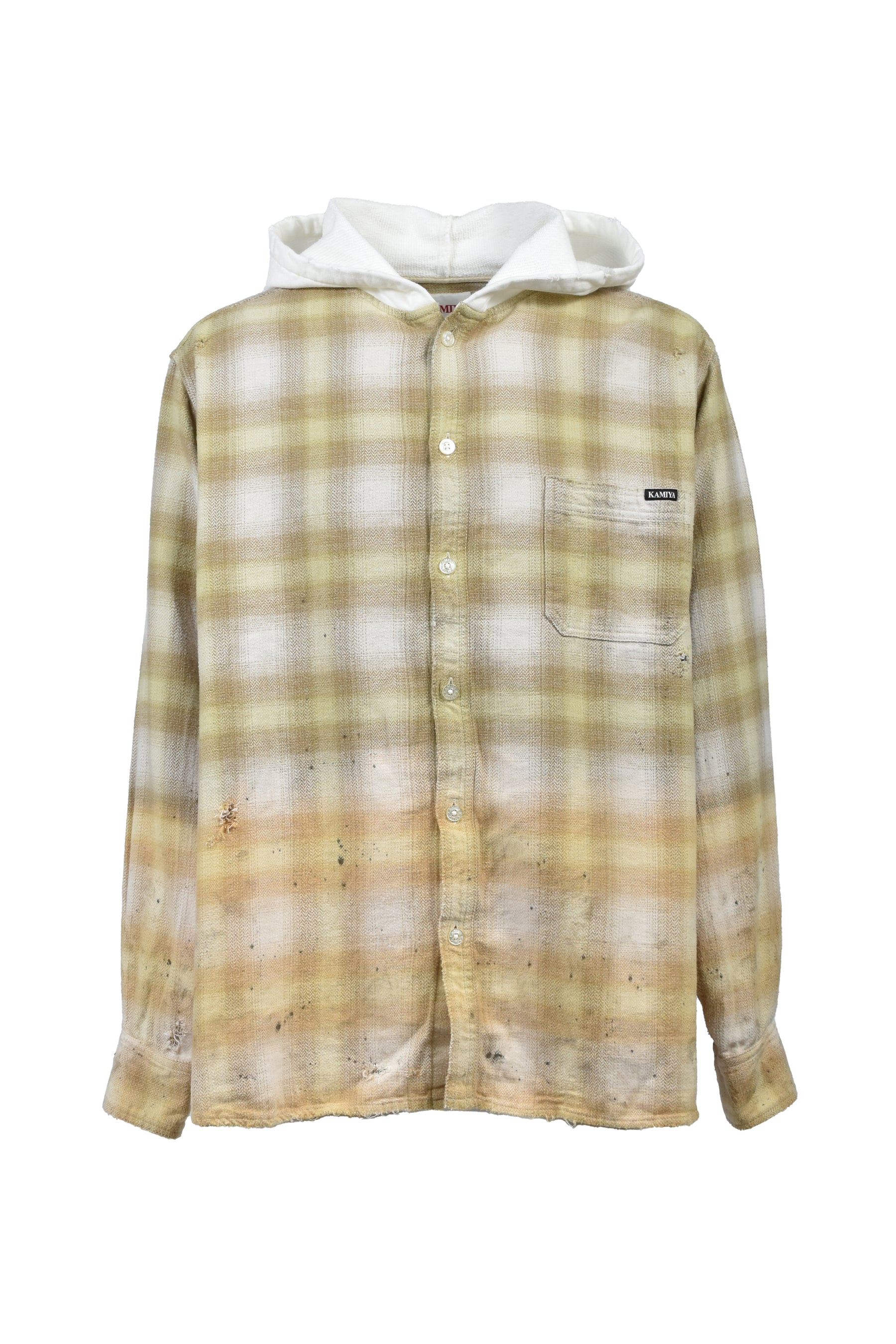 DISTRESSED HOODED CHECKED SHIRT / YEL