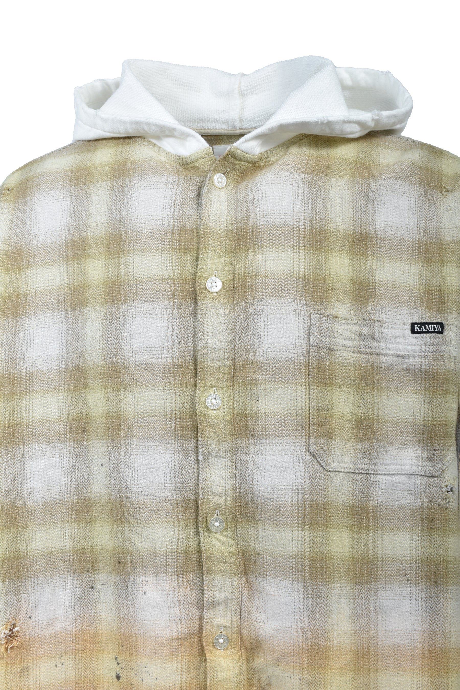 DISTRESSED HOODED CHECKED SHIRT / YEL
