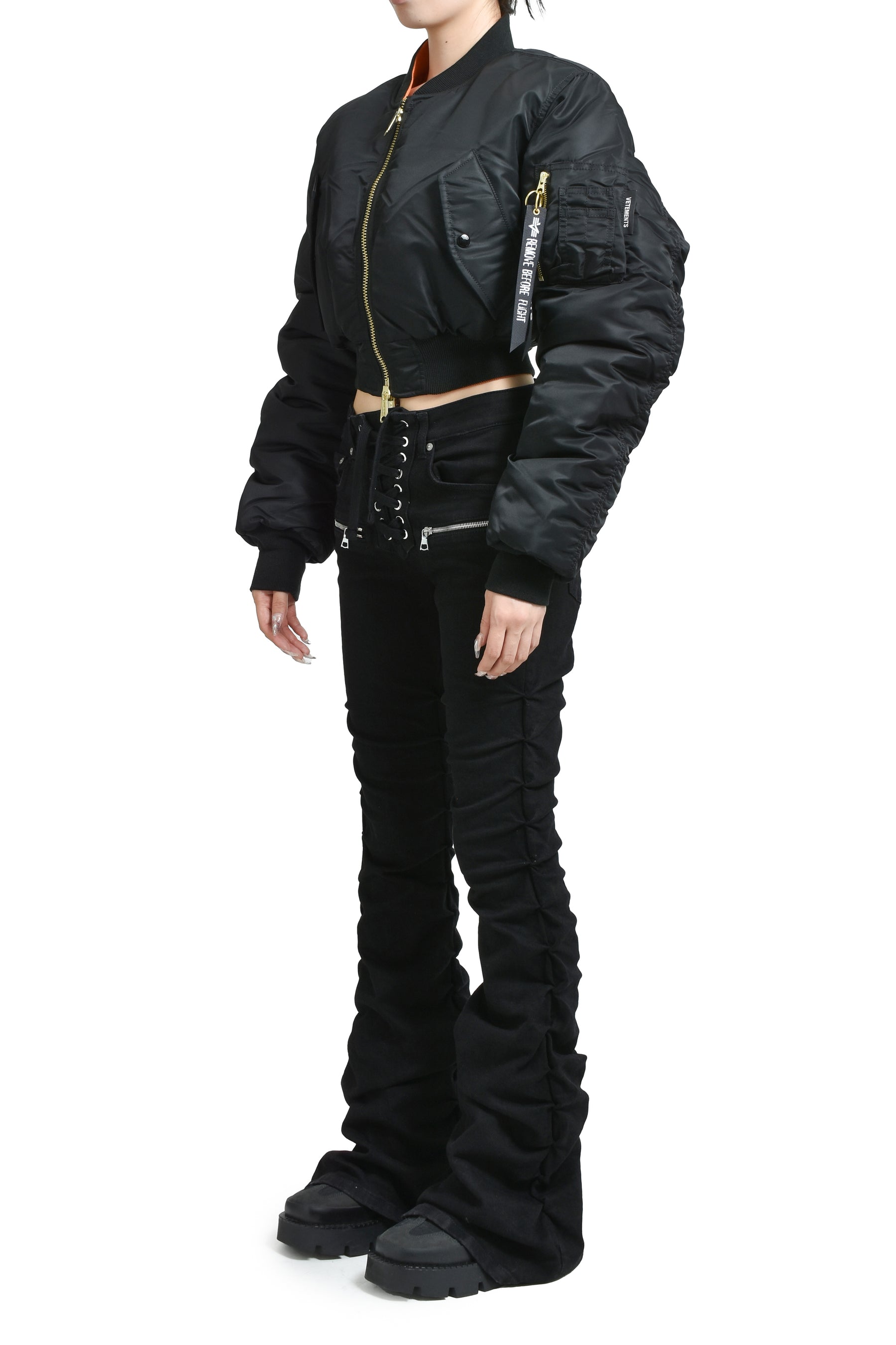 FITTED DOUBLE ZIP BOMBER JACKET / BLK