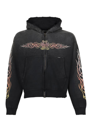 "FLAME KMY" ZIP SHORT HOODIE / BLK