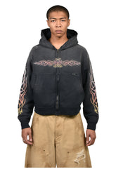 "FLAME KMY" ZIP SHORT HOODIE / BLK