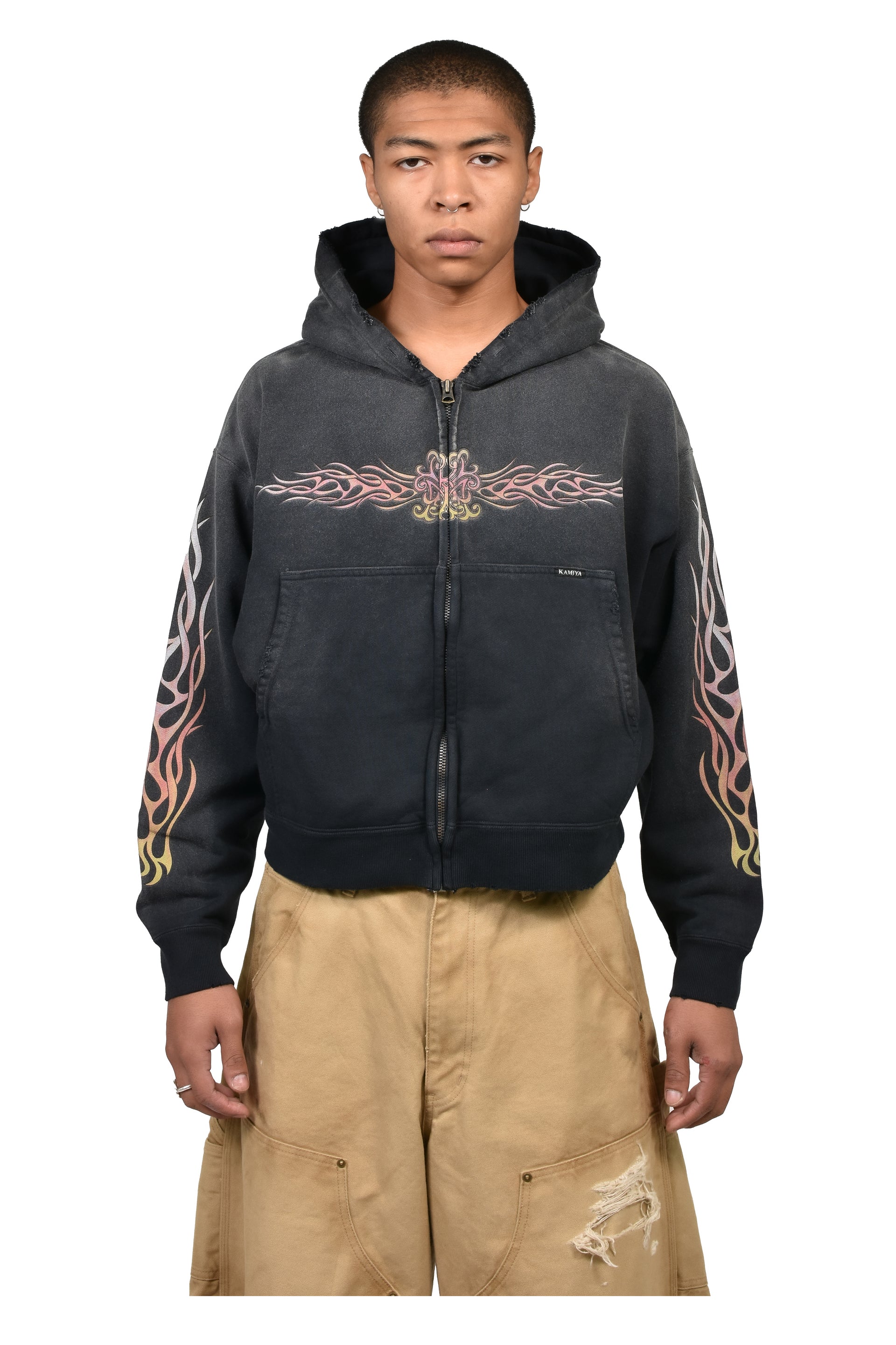 "FLAME KMY" ZIP SHORT HOODIE / BLK