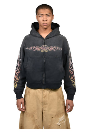 "FLAME KMY" ZIP SHORT HOODIE / BLK