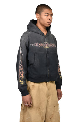 "FLAME KMY" ZIP SHORT HOODIE / BLK