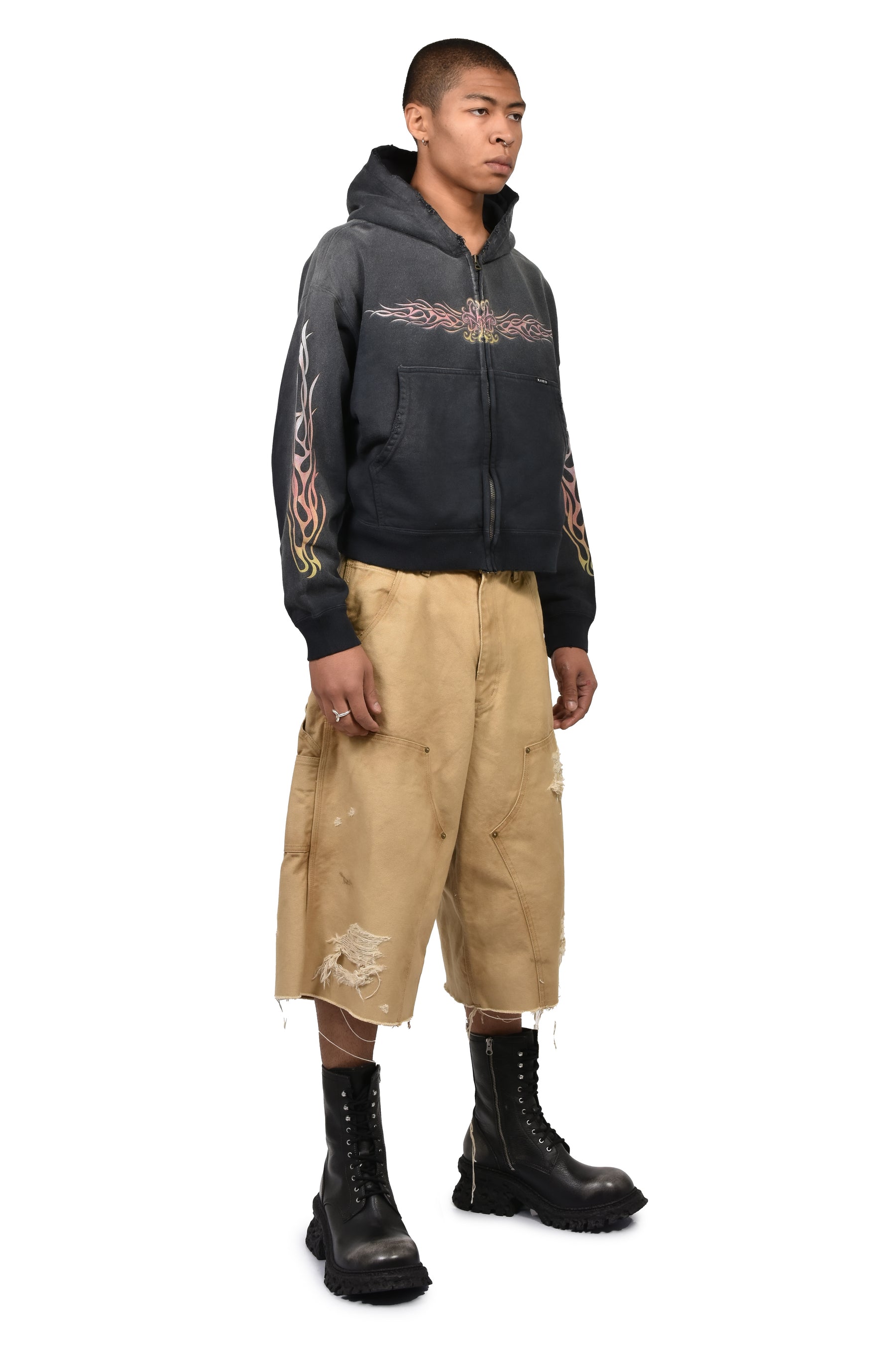 "FLAME KMY" ZIP SHORT HOODIE / BLK