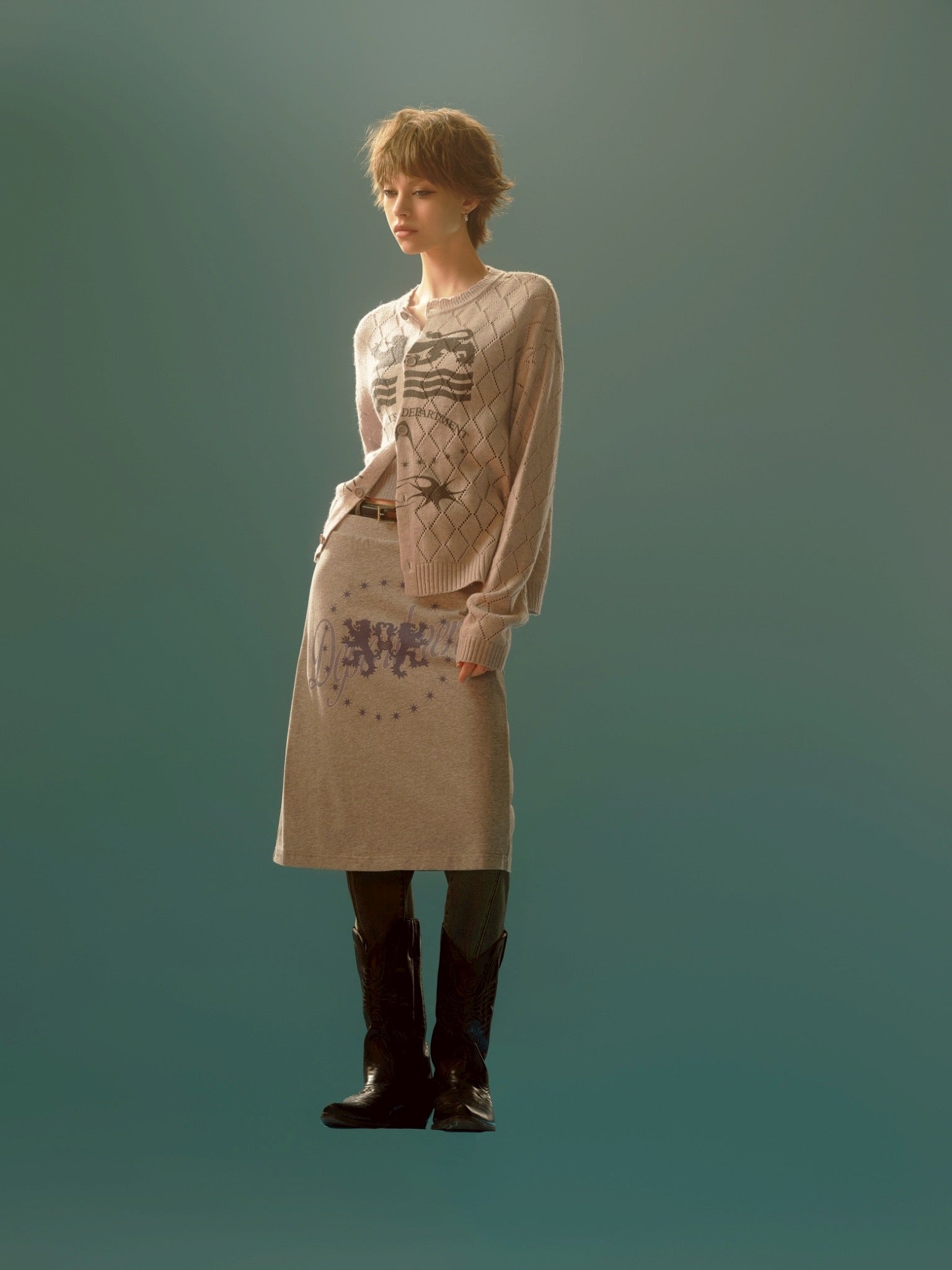 BADGE PRINTED VINTAGE LONG DRESS / GRY