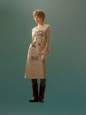 BADGE PRINTED VINTAGE LONG DRESS / GRY