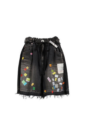 DENIM HUGE DETAIL SHORTS WITH PRICE TAG / BLK
