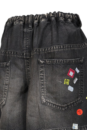 DENIM HUGE DETAIL SHORTS WITH PRICE TAG / BLK