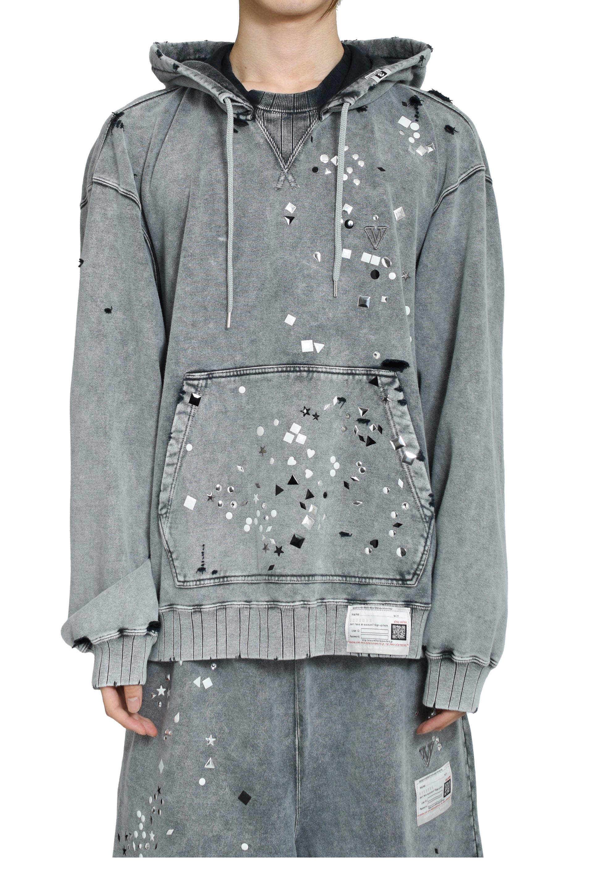 EMBELLISHED BLEACHED HOODIE / GRY