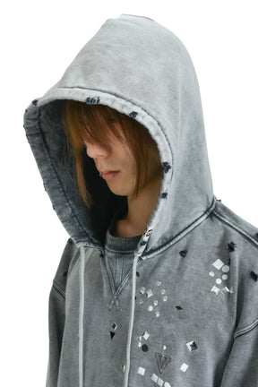 EMBELLISHED BLEACHED HOODIE / GRY