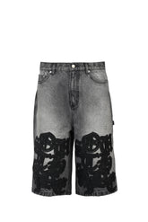 FAUX LEATHER PATCH DENIM SHORTS / BLK