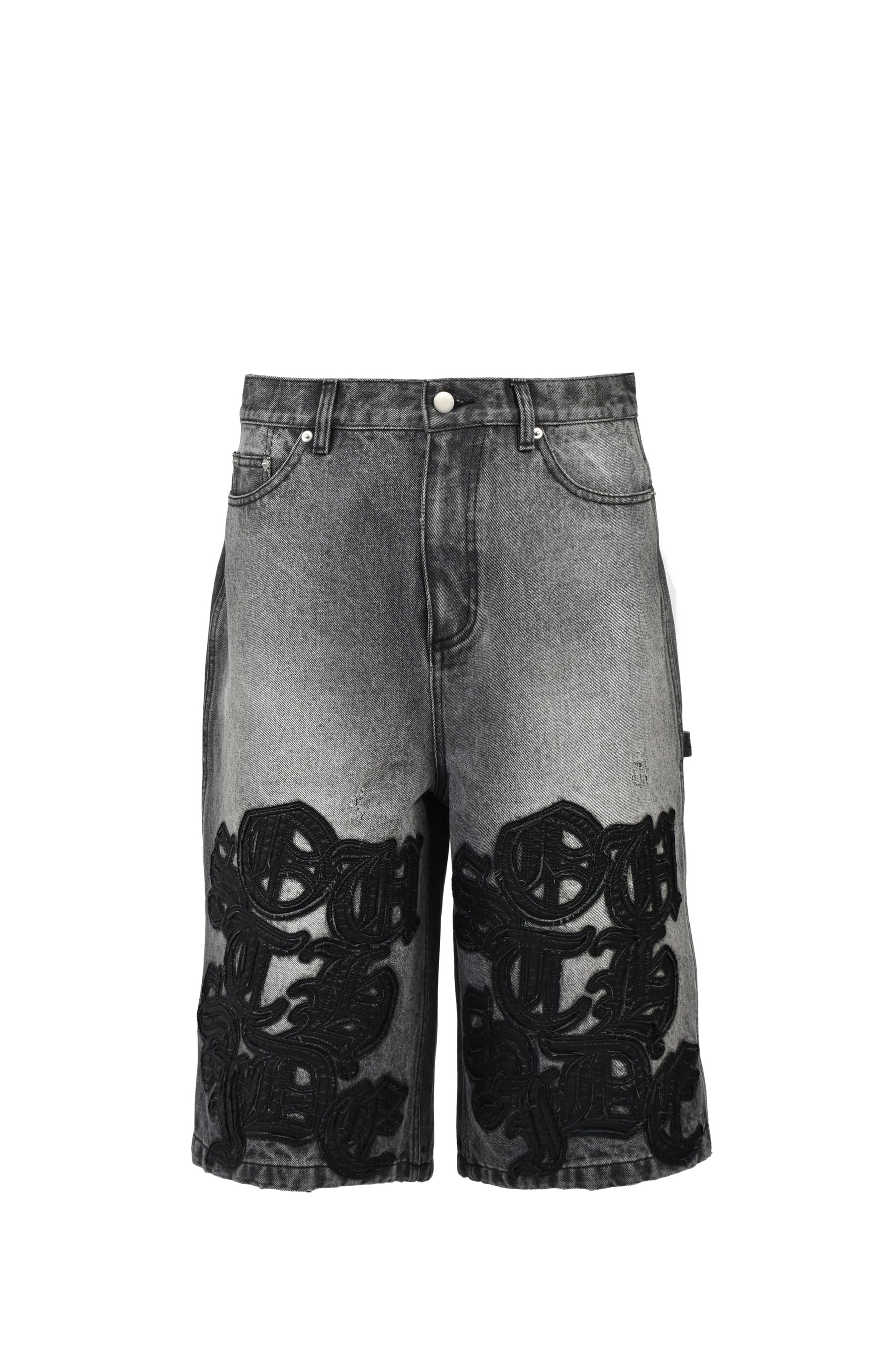 FAUX LEATHER PATCH DENIM SHORTS / BLK