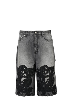FAUX LEATHER PATCH DENIM SHORTS / BLK