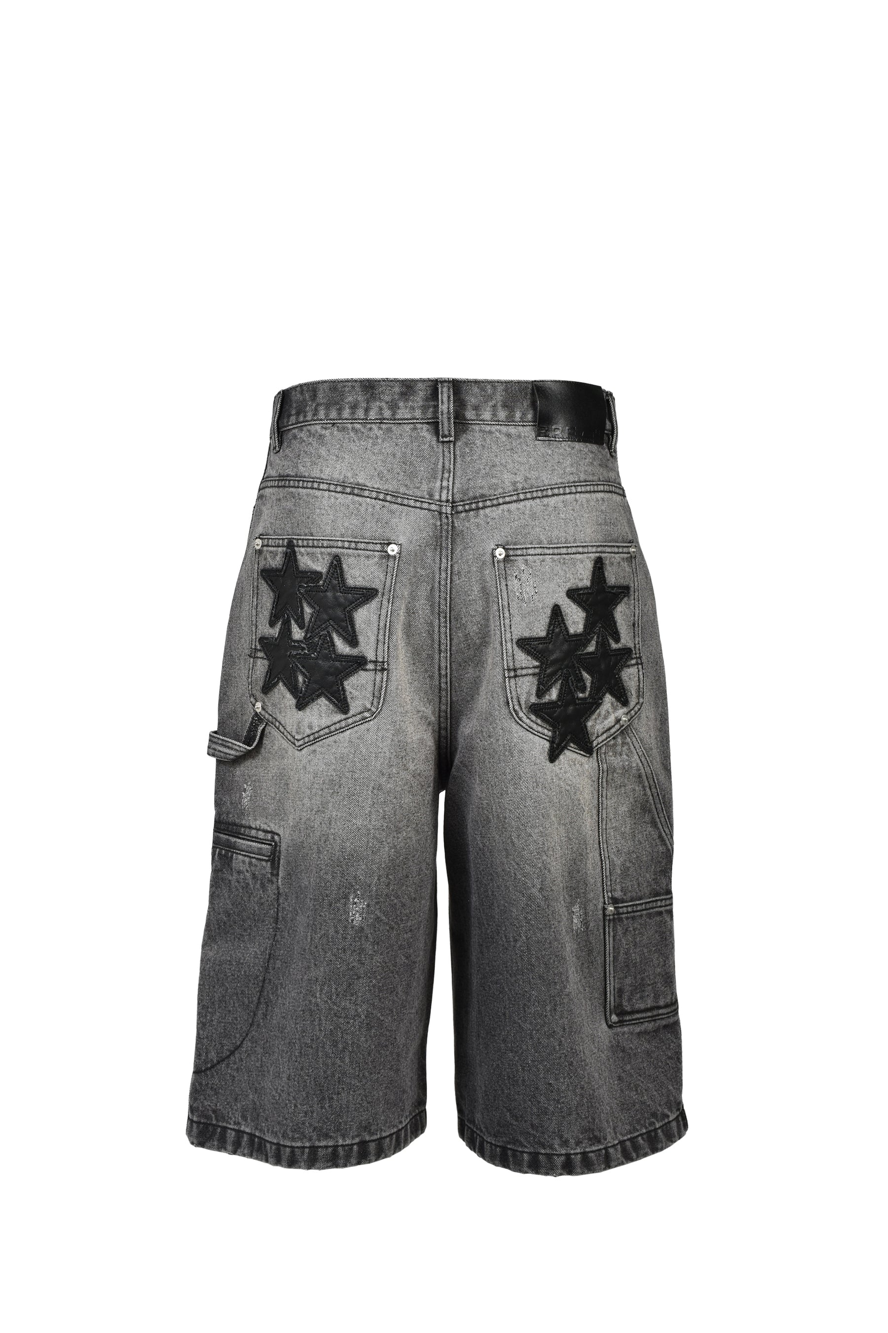 FAUX LEATHER PATCH DENIM SHORTS / BLK