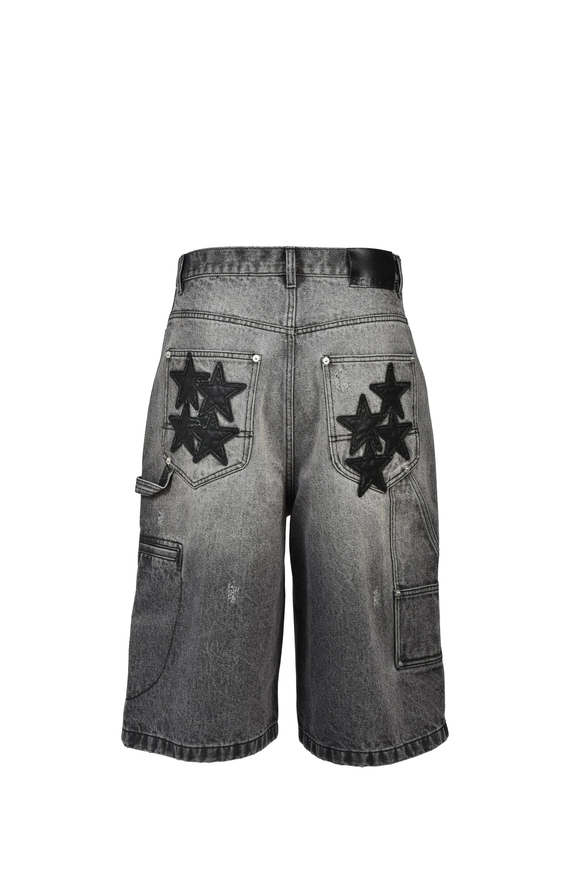 FAUX LEATHER PATCH DENIM SHORTS / BLK