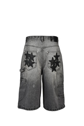 FAUX LEATHER PATCH DENIM SHORTS / BLK