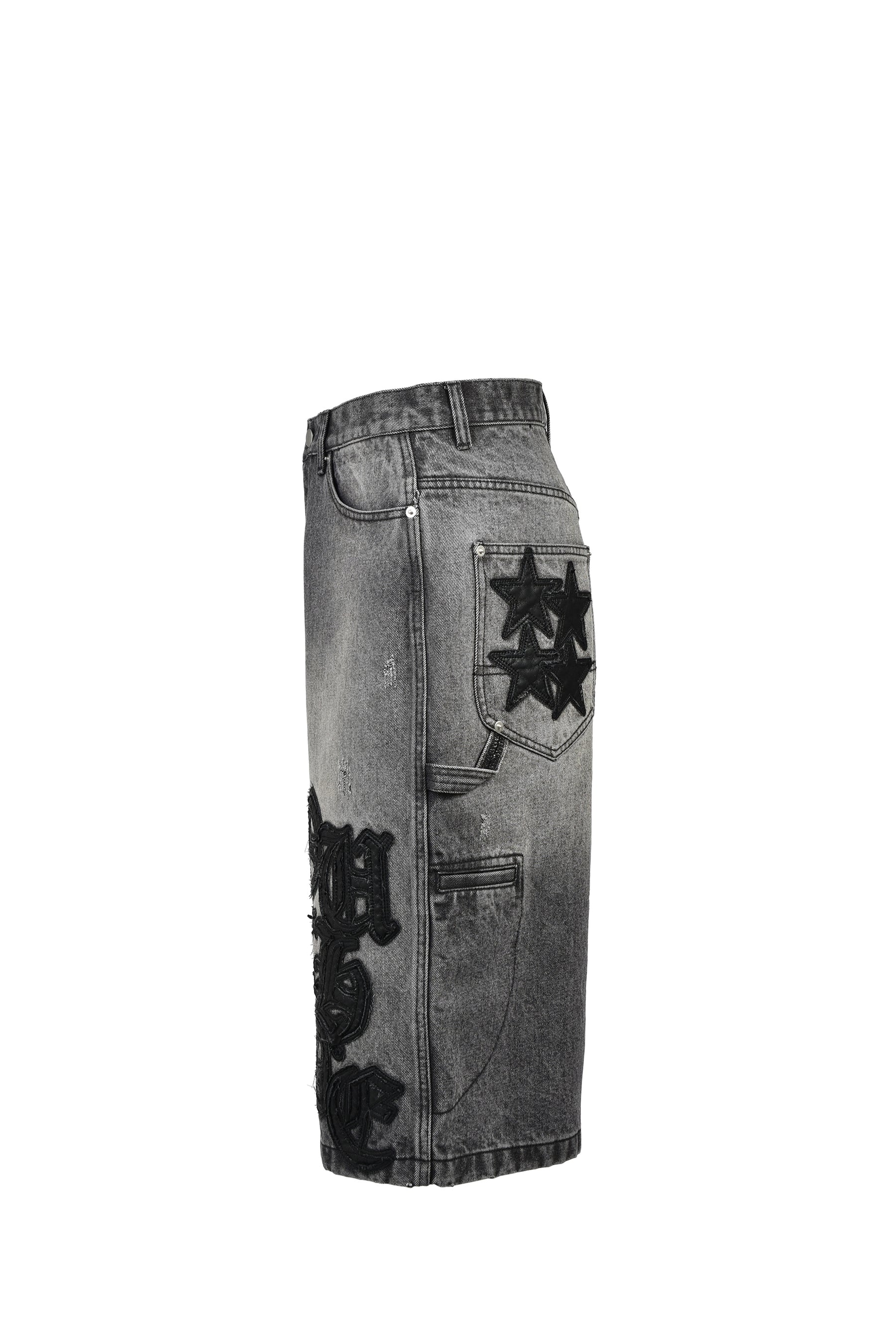 FAUX LEATHER PATCH DENIM SHORTS / BLK