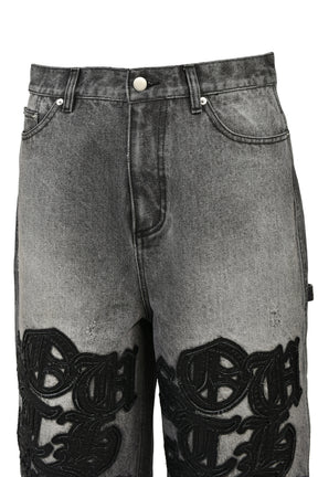 FAUX LEATHER PATCH DENIM SHORTS / BLK