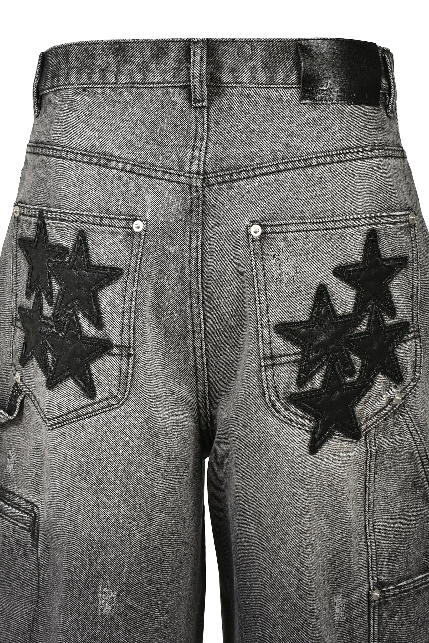 FAUX LEATHER PATCH DENIM SHORTS / BLK