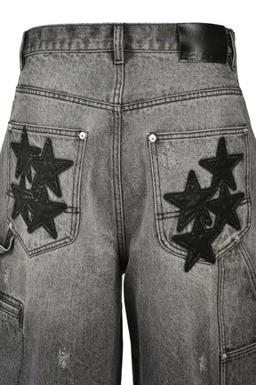 FAUX LEATHER PATCH DENIM SHORTS / BLK
