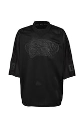 FAUX LEATHER PATCH MESH TEE / BLK