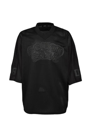 FAUX LEATHER PATCH MESH TEE / BLK