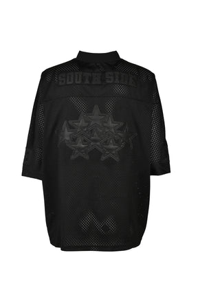 FAUX LEATHER PATCH MESH TEE / BLK
