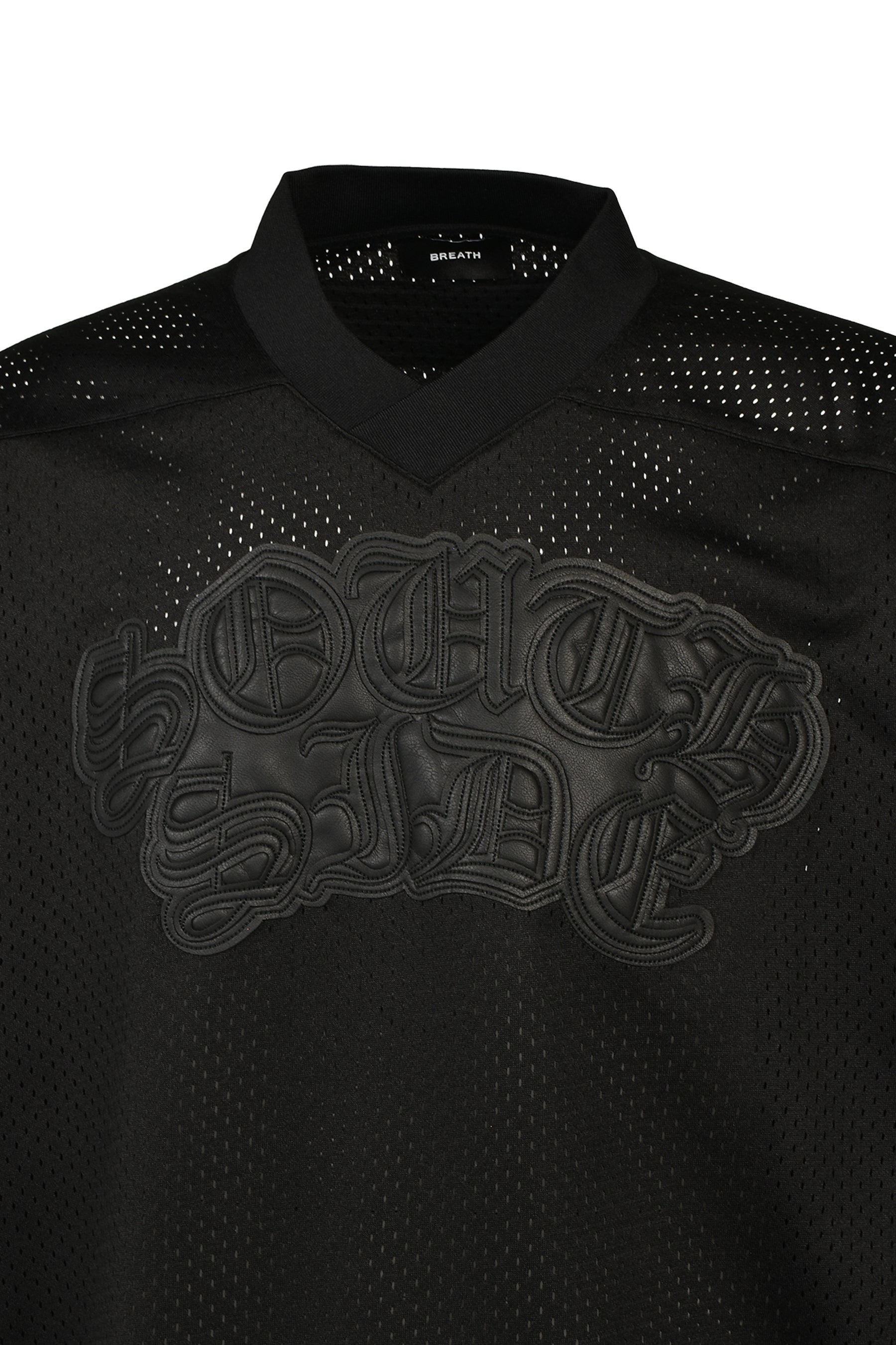 FAUX LEATHER PATCH MESH TEE / BLK