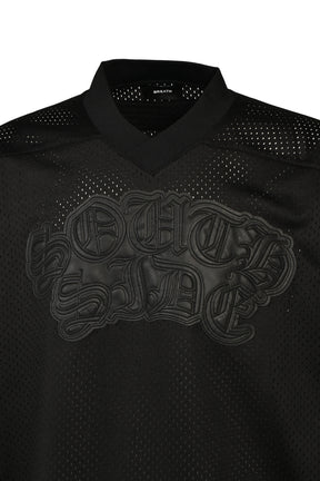FAUX LEATHER PATCH MESH TEE / BLK