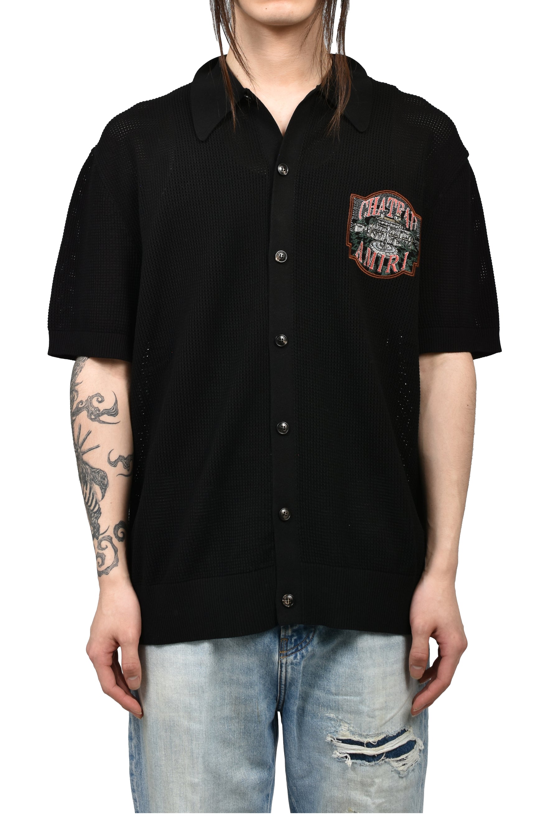 AMIRI SS26 CHATEAU AMIRI CROCHET OS SHIRT / BLK AMIRI SS26 CHATEAU AMIRI CROCHET OS SHIRT / BLK