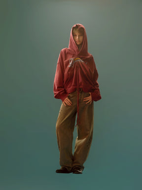 DRAWSTRING GRADIENT WASH HOODED SWEATSHIRT / RED