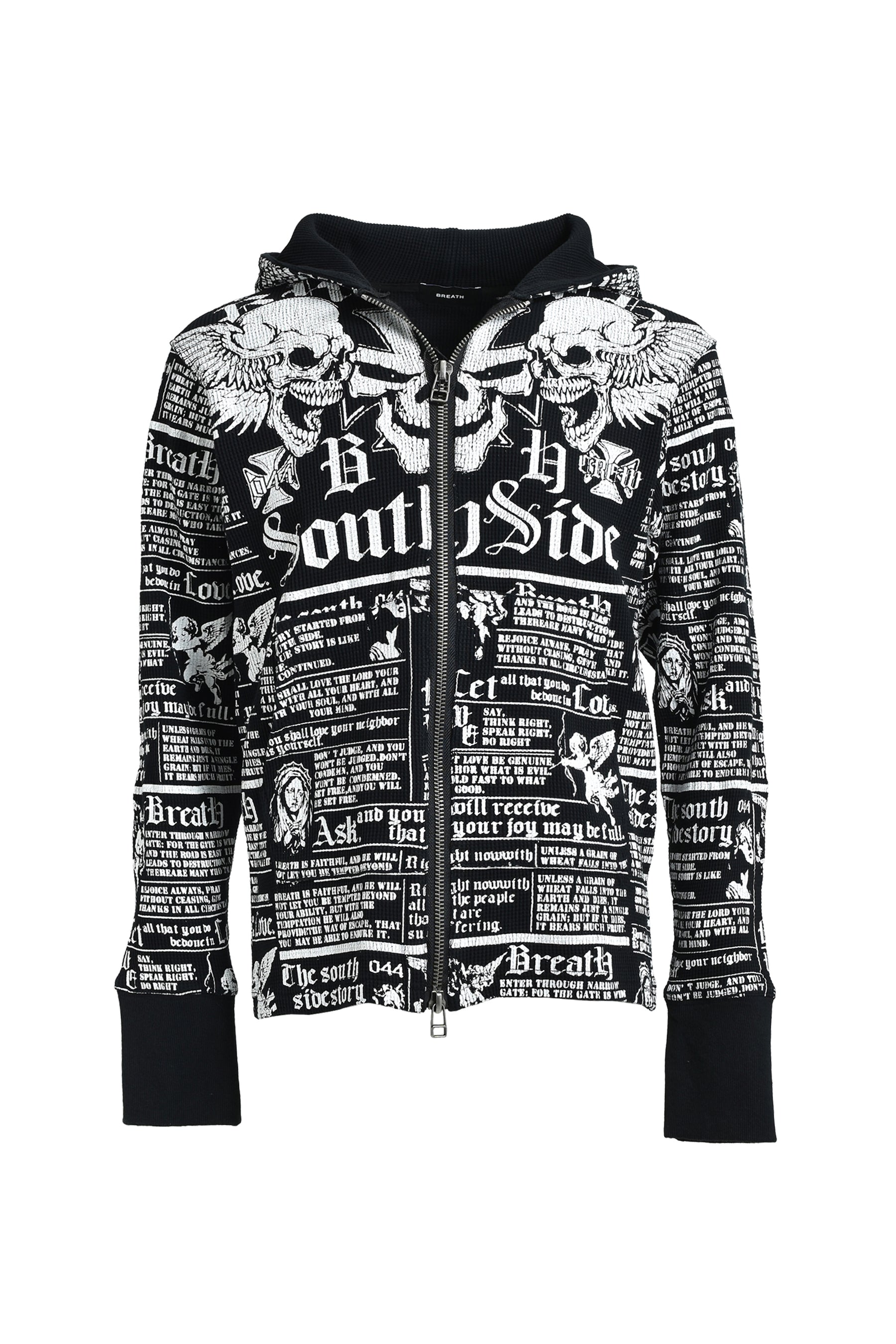 SKULL WASH WAFFLE ZIP UP HOODE / BLK
