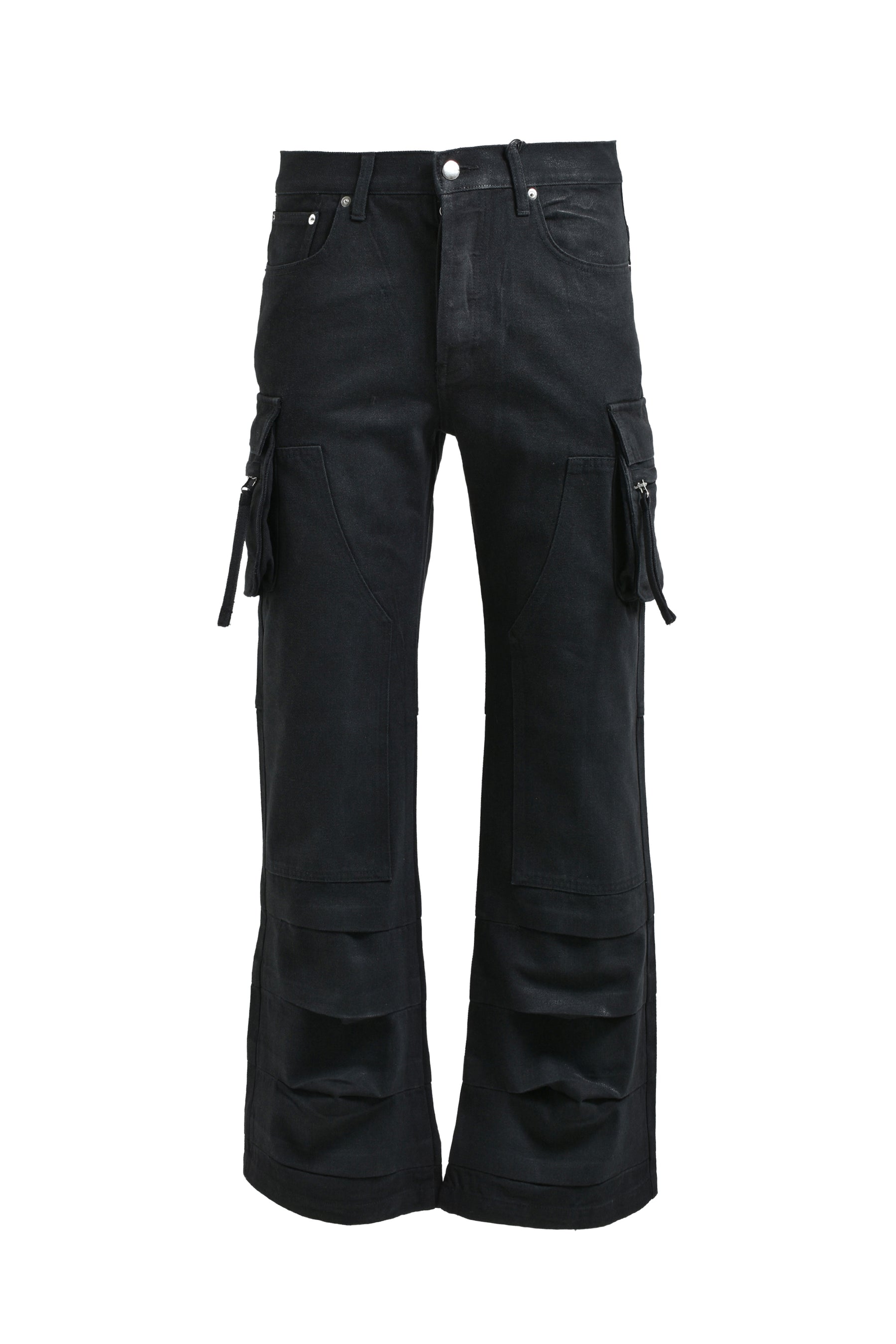 COATING DOUBLE KNEE FLARE DENIM / BLK