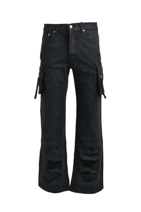 COATING DOUBLE KNEE FLARE DENIM / BLK