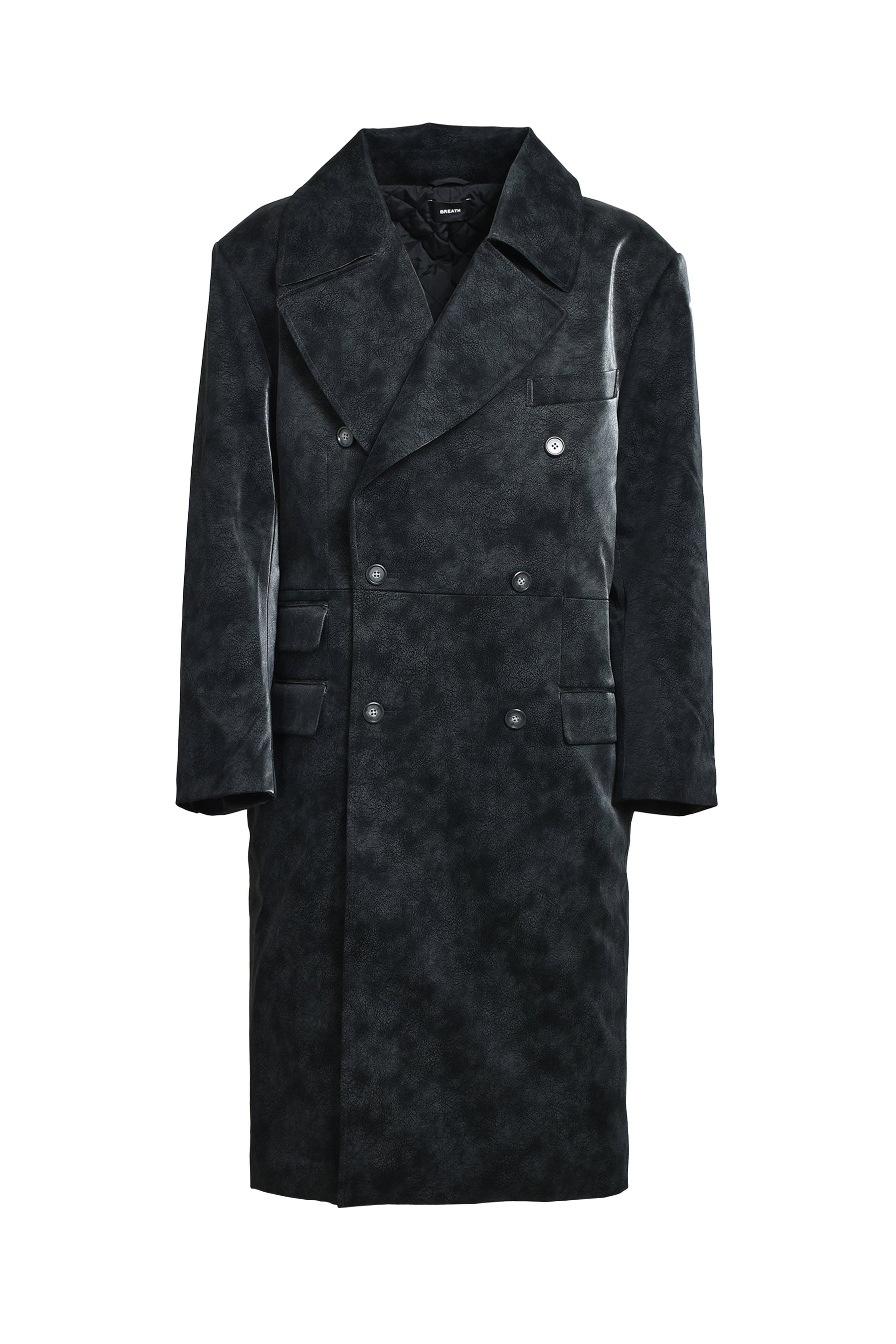 FAUX LEATHER DOUBLE BREASTED COAT / BLK