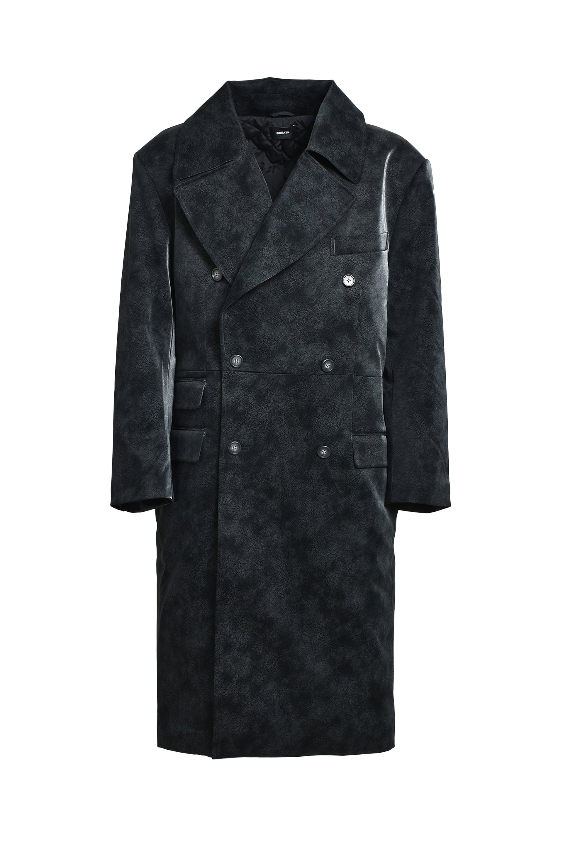 FAUX LEATHER DOUBLE BREASTED COAT / BLK