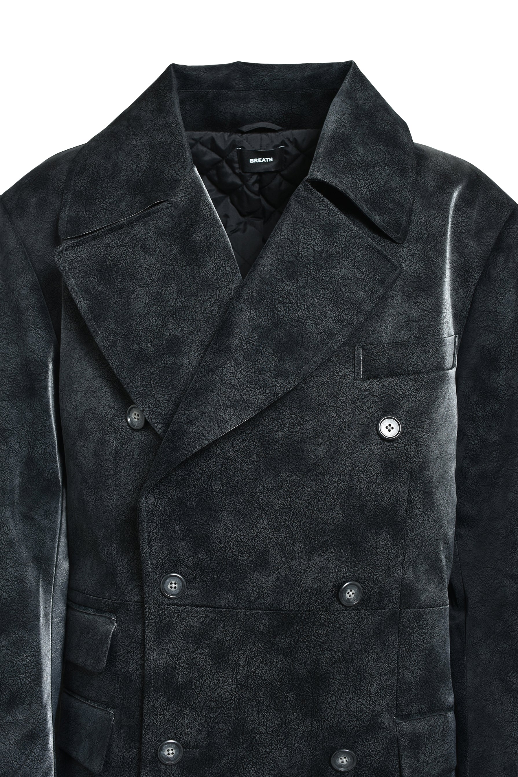 FAUX LEATHER DOUBLE BREASTED COAT / BLK