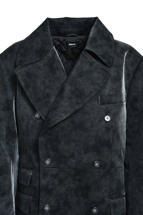 FAUX LEATHER DOUBLE BREASTED COAT / BLK