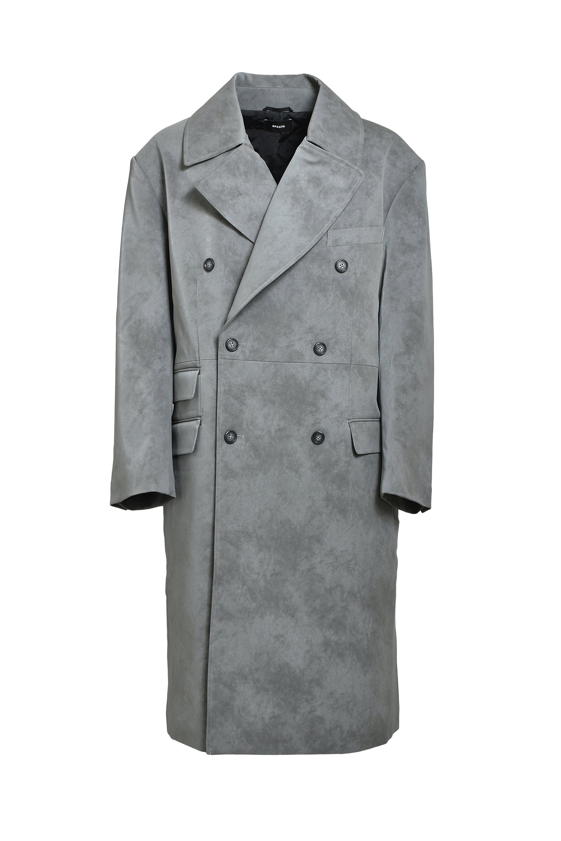 FAUX LEATHER DOUBLE BREASTED COAT / GRY