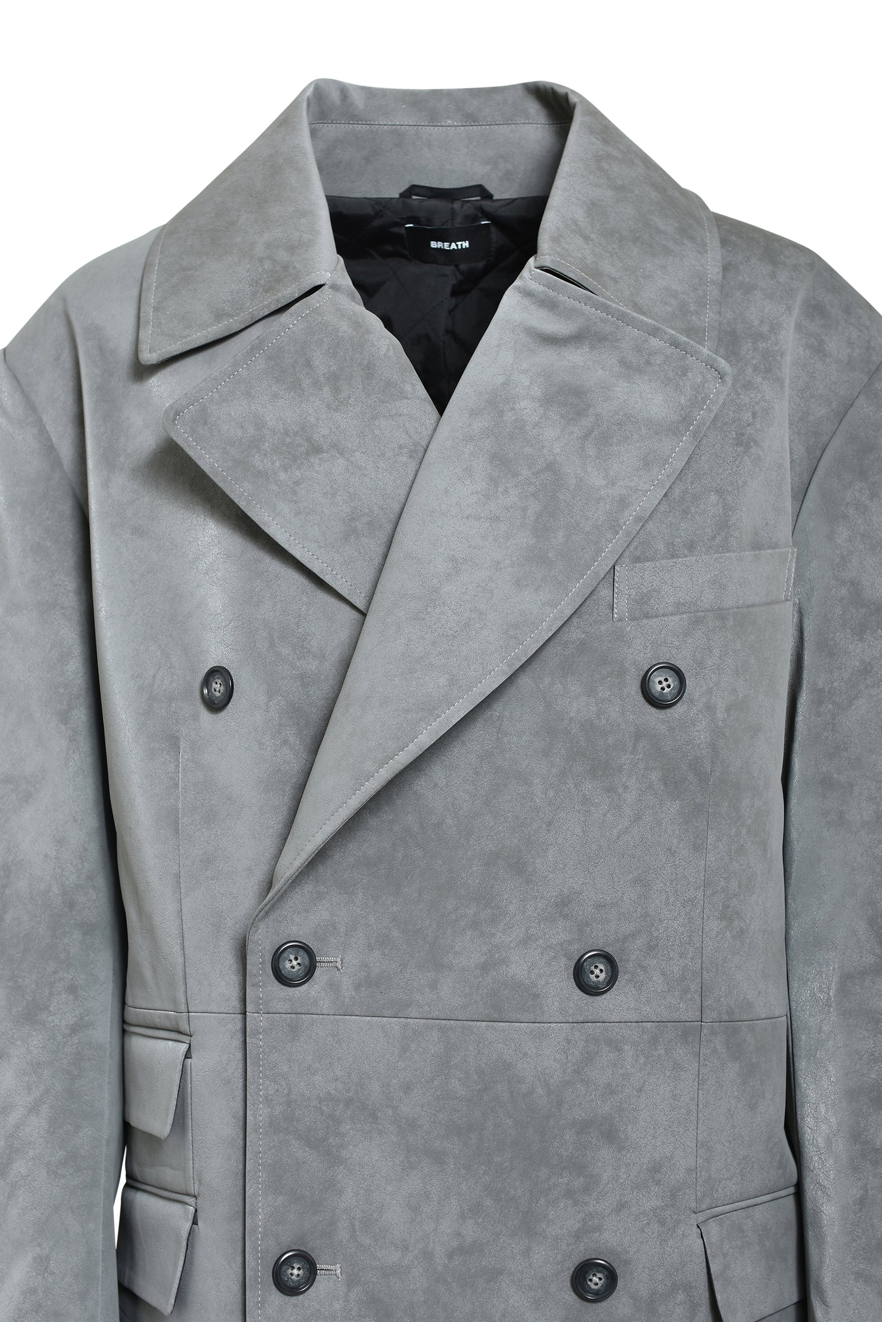 FAUX LEATHER DOUBLE BREASTED COAT / GRY