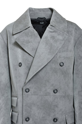 FAUX LEATHER DOUBLE BREASTED COAT / GRY