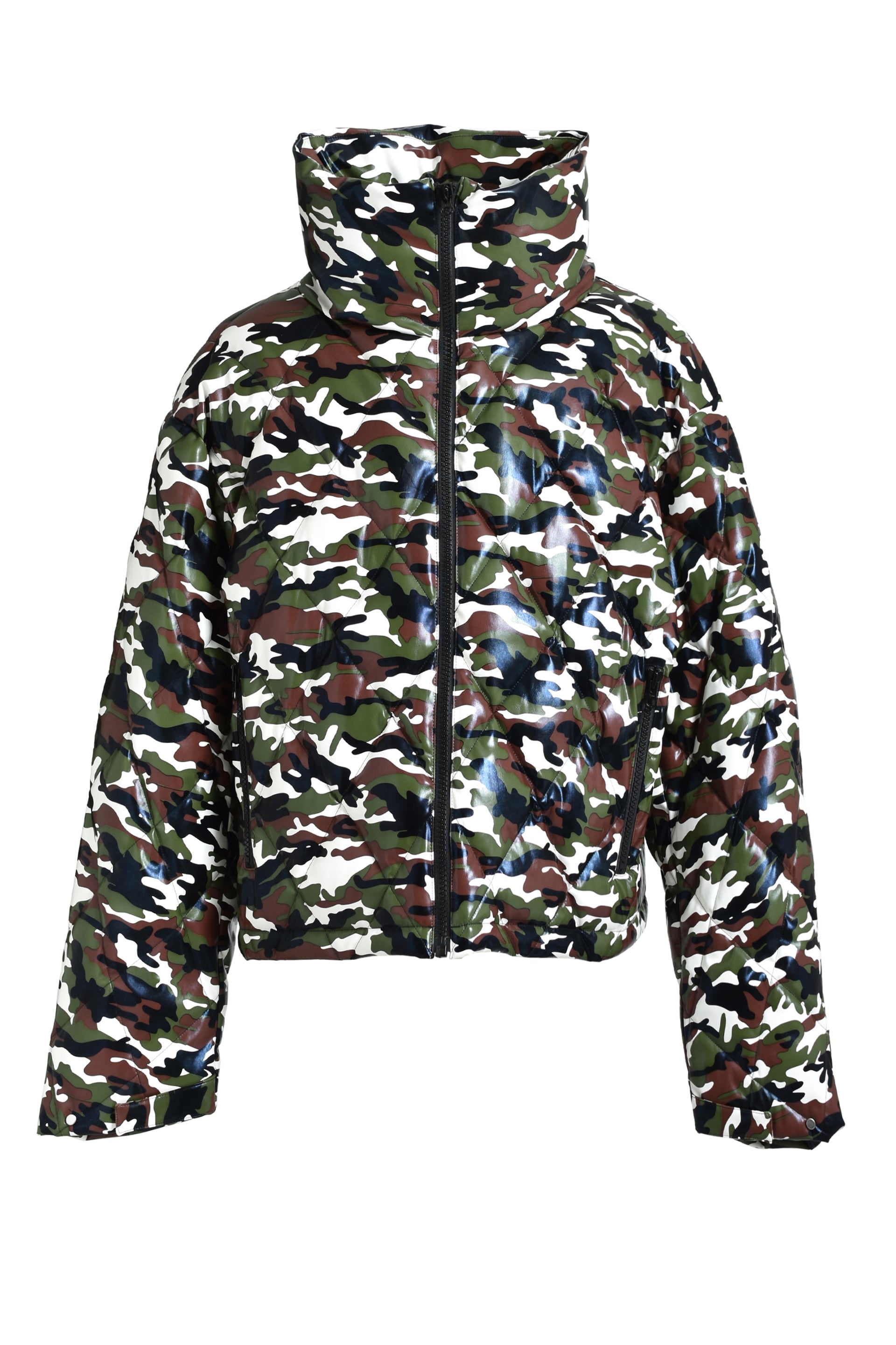 FAUX LEATHER QUILTING CAMO DOWN JACKET / W.CAMO